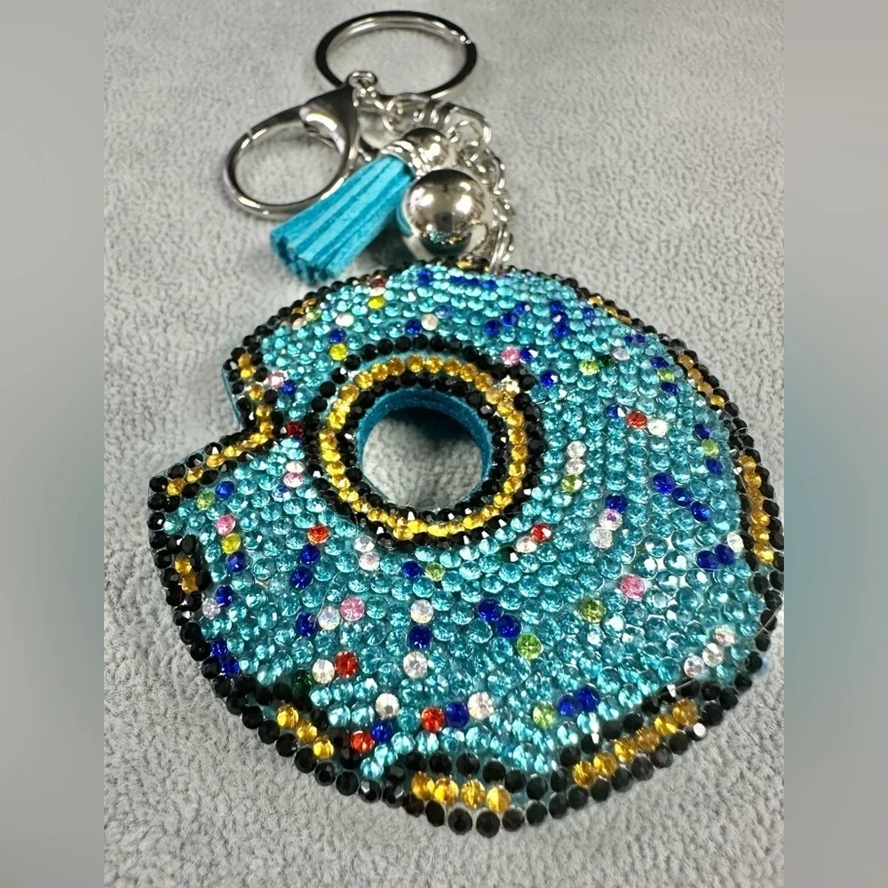 Blue Blingy Rhinestone Donut Tassel Key Ring And Lobster Clip Keychain